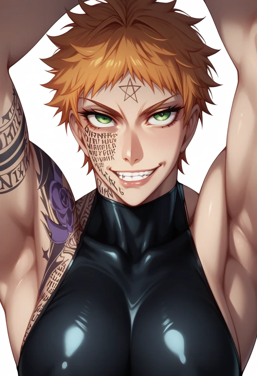 score_9, score_8_up, score_7_up, low angle,
<lora:zorin_blitz-000008:1> zorin_blitz, short hair, orange hair, spiky hair, green eyes, athletic build,( full body writing:1.3), pentagram, star, black tank top, bare shoulders, green pants, suspenders, , combat boots, evil grin, grin, tattoo,
1girl, breasts, , , scowl, ,<lora:Expressive_H:1> expressiveh <lora:Eyes_High_Definition:0.25> eyeshd
(extremely detailed faces), 1girl, , i, large saggy breasts, admiring,
beach scene,
detailed background,
dramatic light, perfect shadows,
by Serpieri, ph4nt0m01l, Expressiveh,
pose difference, depth of field,
dramatic poses, dramatic expressions, hands above head, sexy pose,
dramatic angle <lora:Eyes_High_Definition:0.25> eyeshd <lora:Expressive_H:1> expressiveh
