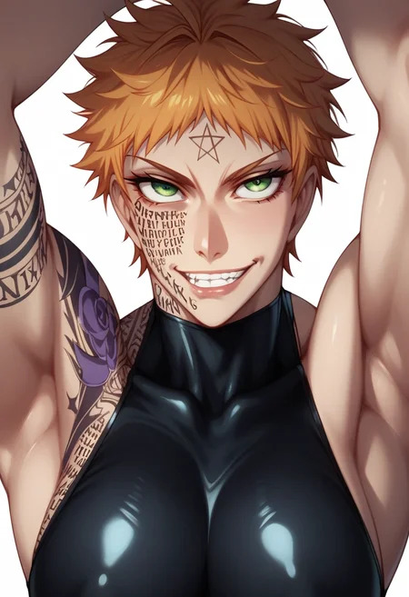 score_9, score_8_up, score_7_up, low angle,
<lora:zorin_blitz-000008:1> zorin_blitz, short hair, orange hair, spiky hair, green eyes, athletic build,( full body writing:1.3), pentagram, star, black tank top, bare shoulders, green pants, suspenders, , combat boots, evil grin, grin, tattoo,
1girl, breasts, , , scowl, ,<lora:Expressive_H:1> expressiveh <lora:Eyes_High_Definition:0.25> eyeshd
(extremely detailed faces), 1girl, , i, large saggy breasts, admiring,
beach scene,
detailed background,
dramatic light, perfect shadows,
by Serpieri, ph4nt0m01l, Expressiveh,
pose difference, depth of field,
dramatic poses, dramatic expressions, hands above head, sexy pose,
dramatic angle <lora:Eyes_High_Definition:0.25> eyeshd <lora:Expressive_H:1> expressiveh