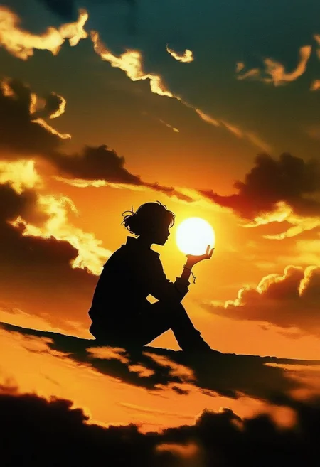 Score_9, score_8_up, score_7_up,silhouette, solo, 1girl, silhouette, sunset, sitting, sun, sky, cloud, orange theme, holding the sun on one hand