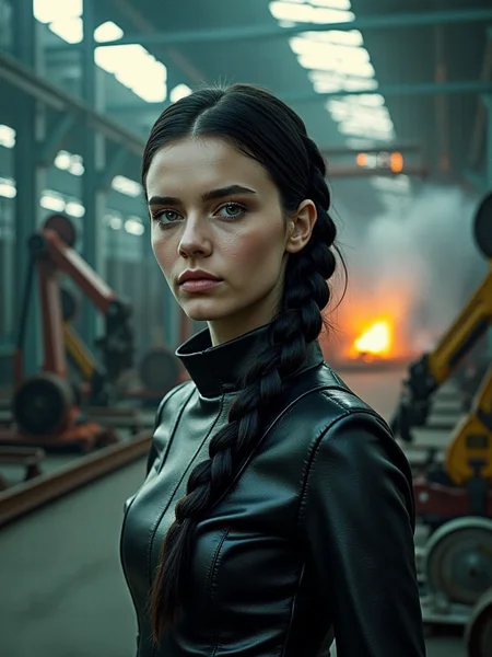Upper body portrait of a captivating Slavic woman with raven-black hair, styled in an intricate braid interwoven. Her pale skin contrasts sharply with the industrial surroundings, detailed with visible pores that catch the faint glow from the holographic interfaces around her. Shot from the front, her striking profile reveals sharp, high cheekbones and a determined gaze that hints at a mysterious past. She wears a futuristic, armored leather jacket. The factory itself is a labyrinth of sleek machinery and towering, biomechanical structures, with robotic arms moving rhythmically in the background, assembling components for some unknown purpose. The waning light filters through the steam and haze, casting an eerie, greenish-blue tint over the scene, while the warm glow of molten metal provides a stark contrast, highlighting the womanâs resolute expression. The entire composition feels like a moment frozen in time from a dystopian saga, where the convergence of human resilience and advanced technology creates a visually stunning and deeply enigmatic portrait, <lora:detailed_skin_portraits-000005:0.75>