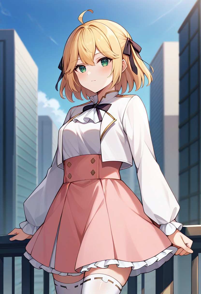 score_9,score_8_up,score_7_up,score_6_up,score_5_up,score_4_up,
1girl, anisphia wynn palettia, short hair, two side up, ahoge, hair ribbon, white shirt, shirt tucked in, high-waist skirt, pink skirt, frilled skirt, white jacket, cropped jacket, frilled sleeves, white ascot, neck ribbon, black ribbon, frilled thighhighs, white thighhighs, breasts,
solo, cowboy shot, outdoors, city, looking at viewer,
<lora:anisponyxl:1>