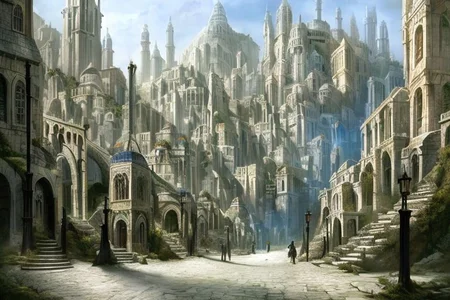 (masterpiece:1.2), (best quality,:1.2), 8k, HDR, ultra detailed, ((photorealistic)), professional light, cinematic lighting, fashion photography, ambient lighting, atmospheric effects, DarkFantasy, Numenor, a street with stairs in a big medieval fantasy city on a mountain, high towers, high walls, <lora:Numenor-10:1>, in the style of Middle Earth, Tolkien, Minas Tirith, epiCPhoto
