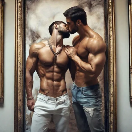 handsome, men, gay focus, bara, muscular, kissing, painting, full body in frame