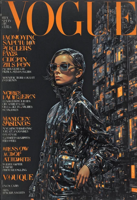 She, futuristic materials, urban chic, neon streetlights, reflective surfaces, avant-garde design, cyberpunk vibes, GQ Style Magazine, neon-lit cityscape.,highly intricate,(VOGUE Cover Magazine:1.15),1968, 60s, black letters, hyper detailed, photorealistic,,