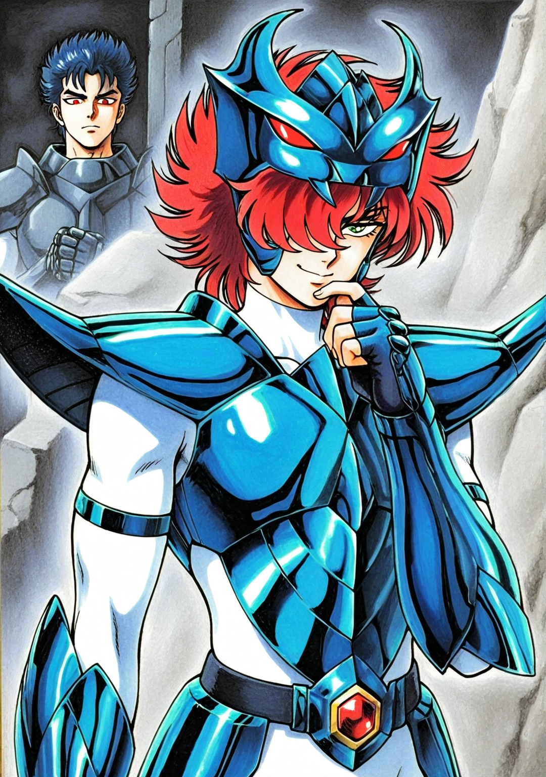 masterpiece,best quality,amazing quality, cyb88, traditional media, SSALBE, 1boy, male focus, wavy hair, short hair, pink-red hair, hair over one eye, green eyes, megrez forehead protector (red eyes), megrez armor, teal pauldrons, teal breastplate, belt buckle, white bodysuit, teal fingerless gauntlets, upper body, smug, smelling finger
