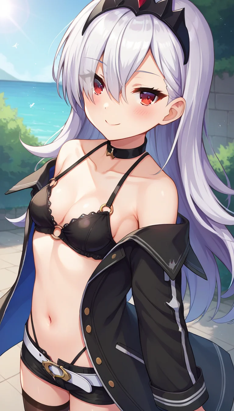 score_9,score_8_up,masterpiece,best quality,correct anatomy,anime_source,1girl,solo,perfect eyes,perfect arms,perfect legs,perfect face,outdoors,upper body,(portrait:1.5),looking at viewer,facing viewer,smile,blush,Setsuna Sumeragi,tiara,long hair,white hair,hair over one eye,hair between eyes,red eyes,black choker,collarbone,cleavage,bare shoulders,off shoulder,black coat,open coat,black bra,o-ring,small breasts,long sleeves,navel,stomach,white belt,short shorts,black shorts,open fly,highleg panties,black thighhighs,high heels,black footwear,<lora:Setsuna Sumeragi(ongeki)-Pony:1.2>,