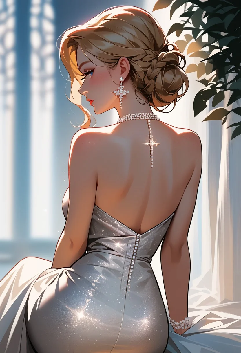 score_9, score_8_up, score_7_up, score_6_up, 1girl,  <lora:bg4XLP:0.8> bg4, French braid, close up, candid, sitting, cross legged, elegant, sparkling, dress, necklace, large boobs, pendant, round butt, outdoor wedding,