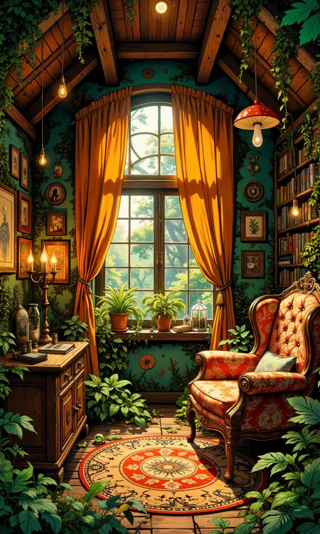 Enchanted forest cottage interior, lush botanical sanctuary, whimsical treehouse bedroom, fairy lights, hanging vines, moss-covered walls, earthy color palette, oversized mushroom chairs, flowing silk curtains, magical golden glow, antique wooden furniture, crystal terrariums, bioluminescent plants, cozy reading nook, floating bookshelves, intricate leaf patterns, dreamcatcher window, rustic woven textures, hidden fairy doors, ornate carved details, soft dappled sunlight, misty atmosphere, ethereal, storybook illustration style, 8k, masterpiece <lora:Hand v2:0.3> <lora:dreadmirth-art-style:0.5> <lora:Vintage comic book:0.4> <lora:Comic book opus 3:0.3> <lora:flux_dev:1>