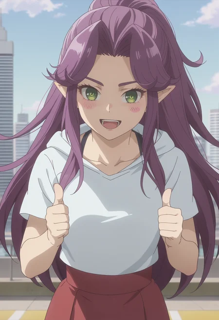 score_9, score_8_up, score_7_up, anime screencap, BREAK, 1girl, solo,   <lora:DX888Angela:1> angela, pointy ears, green eyes, purple hair, long hair, hair intakes BREAK  on the rooftop, cityscape, metal railings, midday sky, Giving thumbs up awed , blush stickers,  happy aura,  sparkling eyes,  open mouth, High-top Sneakers, Sporty Striped Socks, Skater Skirt, Cropped Hoodie