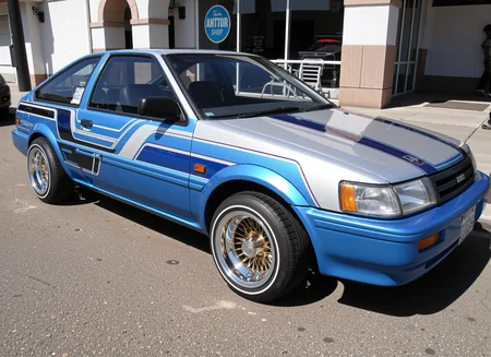 Toyota Corolla Levin AE86 lowrider, chromaflair metalflake paint with blue and white straight line designs on it, white sidewall tires, gold wire wheels, in a los angeles street <lora:lowrider:1> <lora:Toyota_Corolla_Levin_AE86:1>