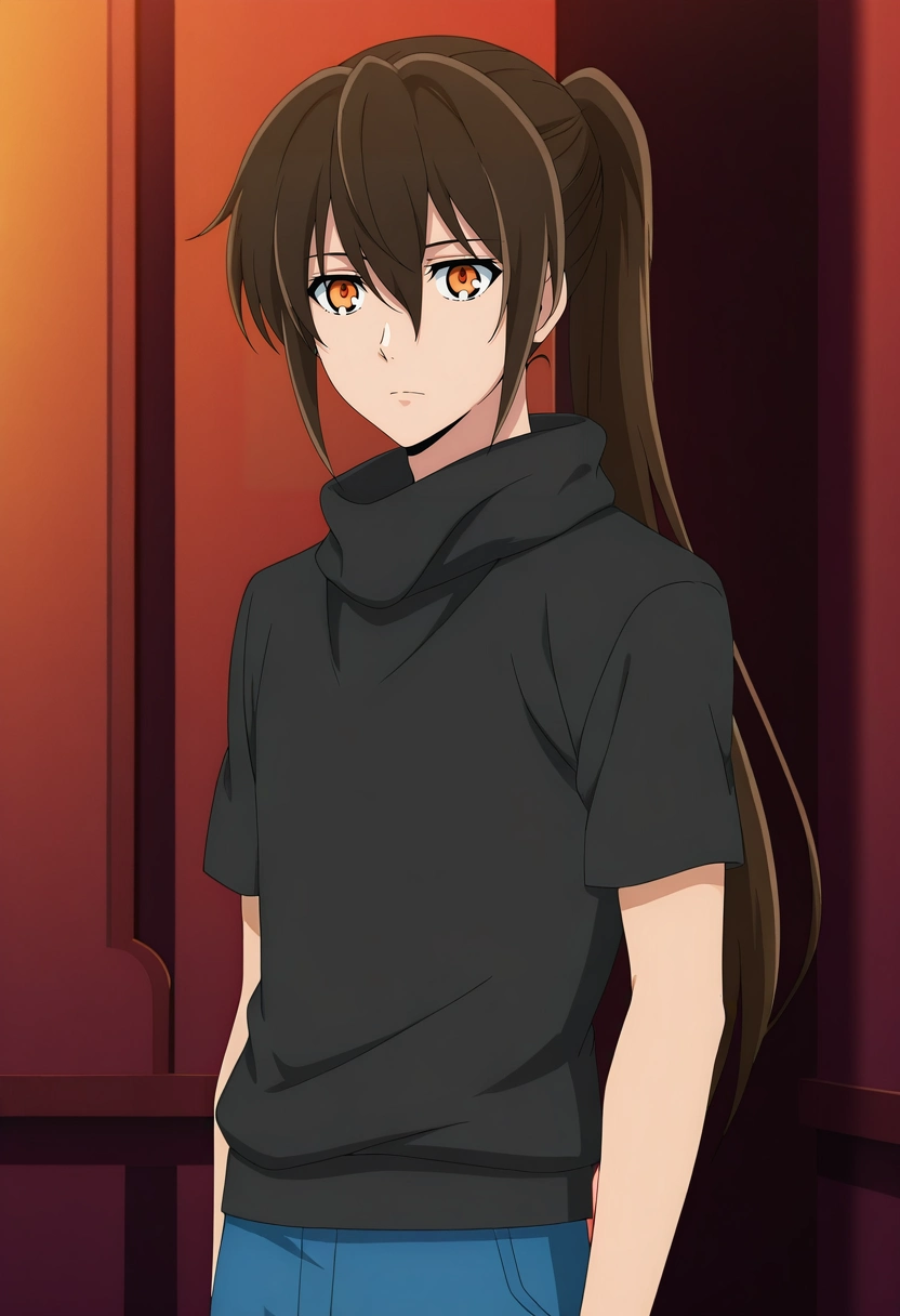 masterpiece, best quality, anime screencap, official style, anime coloring, cowboy shot, 1boy, solo, male focus, <lora:twenty-fifth_bam_ilxl:1>, twenty-fifth_bam, brown hair, orange eyes, long hair, ponytail, bangs, hair between eyes, ,