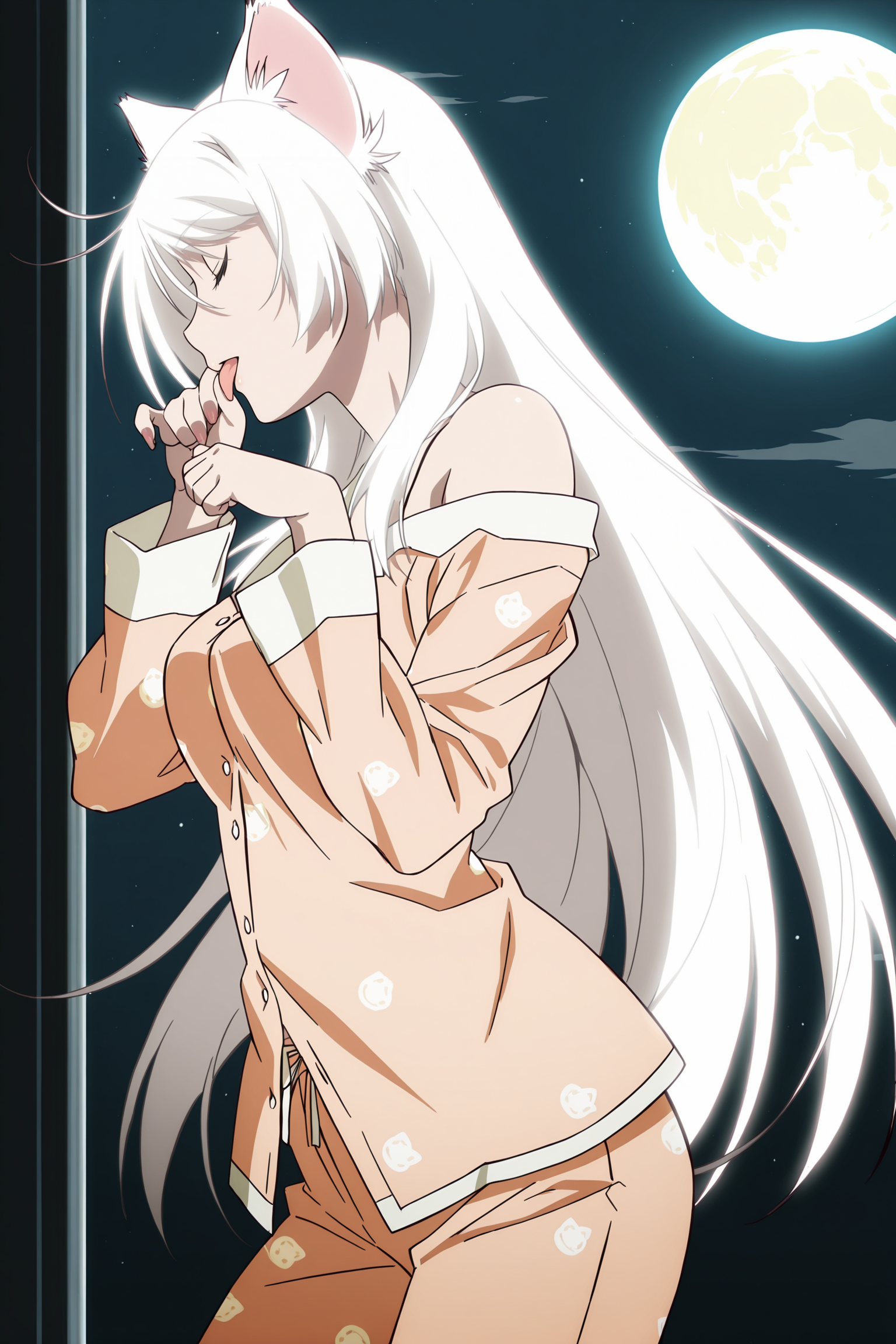anime screencap, anime coloring, detailed face, masterpiece, best quality, very aesthetic, absurdres, volumetric lighting, official style, amazing quality, ultra detailed,  highres, amazing quality, scenery, beautiful detailed hair, beautiful detailed eyes,
<lora:StS-Illustrious-Detail-Slider-v1.0:4>
<lora:Tsubasa_Hanekawa_and_Black_Hanekawa_Monogatari_Series_-_Illustrious_V2:1>
BH orange pajamas (outfit), Black Hanekawa (character), 1girl, animal ears, cat ears, closed eyes, tongue, white hair, solo, long hair, tongue out, pajamas, paw pose, cat girl, bare shoulders, moon, cowboy shot, (girl licking her hand),