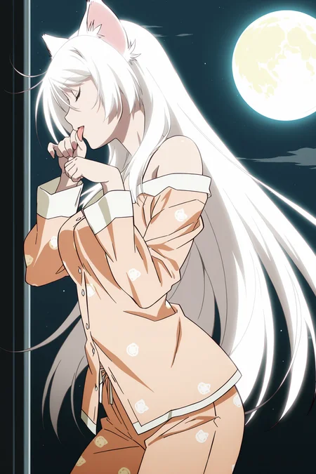 anime screencap, anime coloring, detailed face, masterpiece, best quality, very aesthetic, absurdres, volumetric lighting, official style, amazing quality, ultra detailed,  highres, amazing quality, scenery, beautiful detailed hair, beautiful detailed eyes,
<lora:StS-Illustrious-Detail-Slider-v1.0:4>
<lora:Tsubasa_Hanekawa_and_Black_Hanekawa_Monogatari_Series_-_Illustrious_V2:1>
BH orange pajamas (outfit), Black Hanekawa (character), 1girl, animal ears, cat ears, closed eyes, tongue, white hair, solo, long hair, tongue out, pajamas, paw pose, cat girl, bare shoulders, moon, cowboy shot, (girl licking her hand),