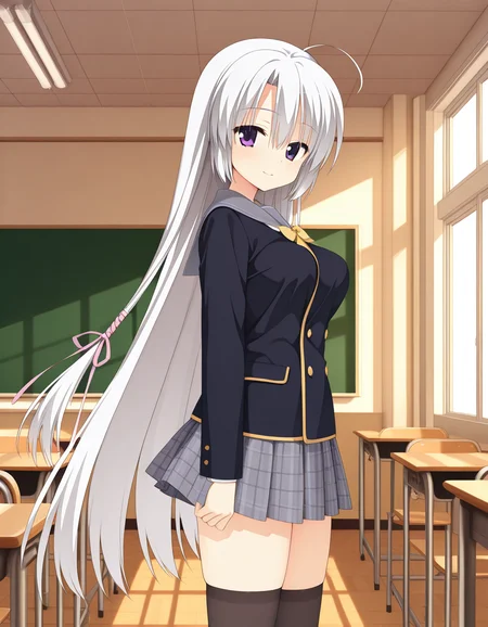official style,Ayachi Nene,purple eyes,white hair,very long hair,ahoge,school uniform,serafuku,black jacket,plaid skirt,brack thighhighs,
day,
classroom,
front view,straight-on,frontal face,front face,front angle shot,shoot from front,Facing directly forward, looking straight into the camera,
explicit,cell shaded,soft brightness,perfect face,perfect nose, perfect hair, perfect eyes,perfect female body,perfect skin,a face of perfect proportion,perfect lighting,perfect anatomy,perfect proportion,perfect hands,perfect legs,perfect fingers,masterpiece,hair between eyes,
big breasts,
perky breasts,best quality,very aesthetic,absurdres,16k,intricate detail,amazing quality,soft lines,curvy,smile,slim,(nipples:-1),
looking at viewer,
super fine illustration,detailed linework,vibrant colors,kawaii,flat color,
(from side:2),
<lora:ãµããã¦ã£ããç¶¾å°_寧ã
illustriousSANOBA_WITCHAyachi_Neneillustrious:1:0.8>