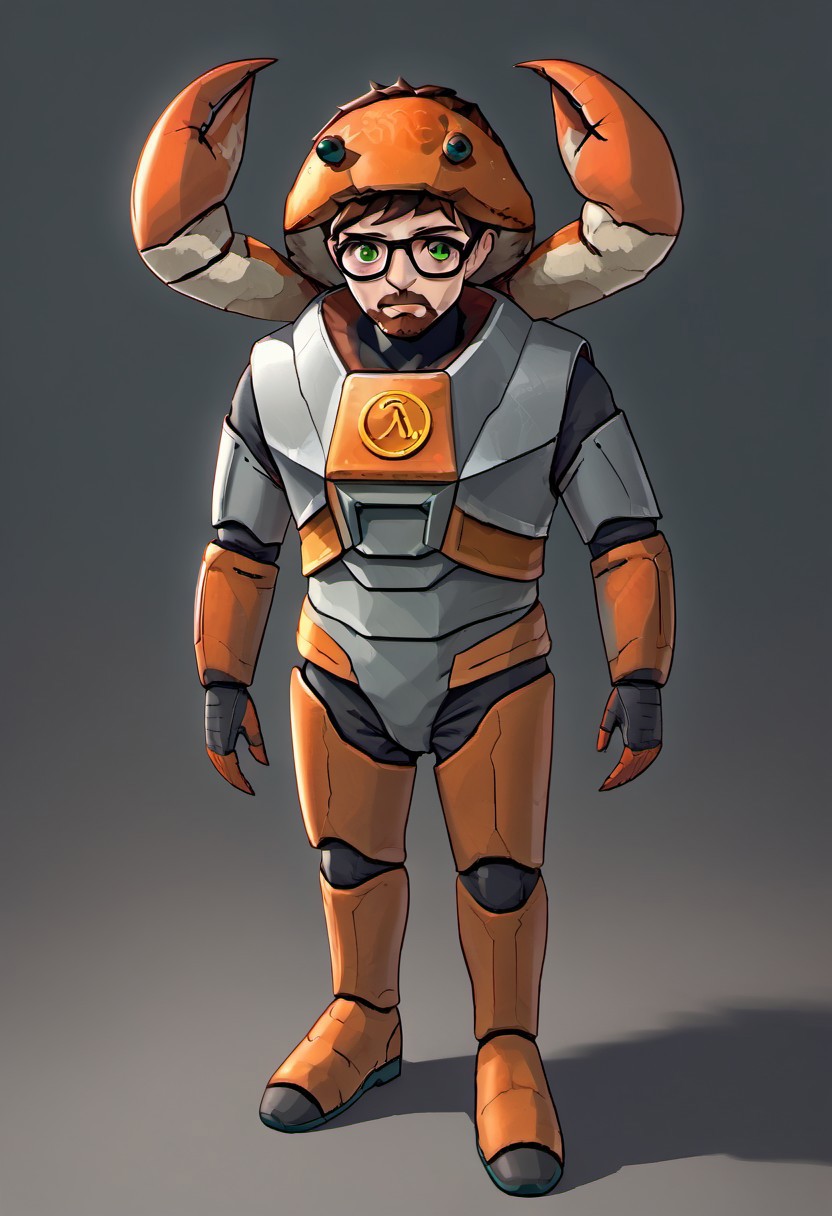 gordonfreeman, brown hair, short hair, facial hair, glasses, green eyes, power armor, crab on head