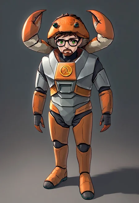 gordonfreeman, brown hair, short hair, facial hair, glasses, green eyes, power armor, crab on head