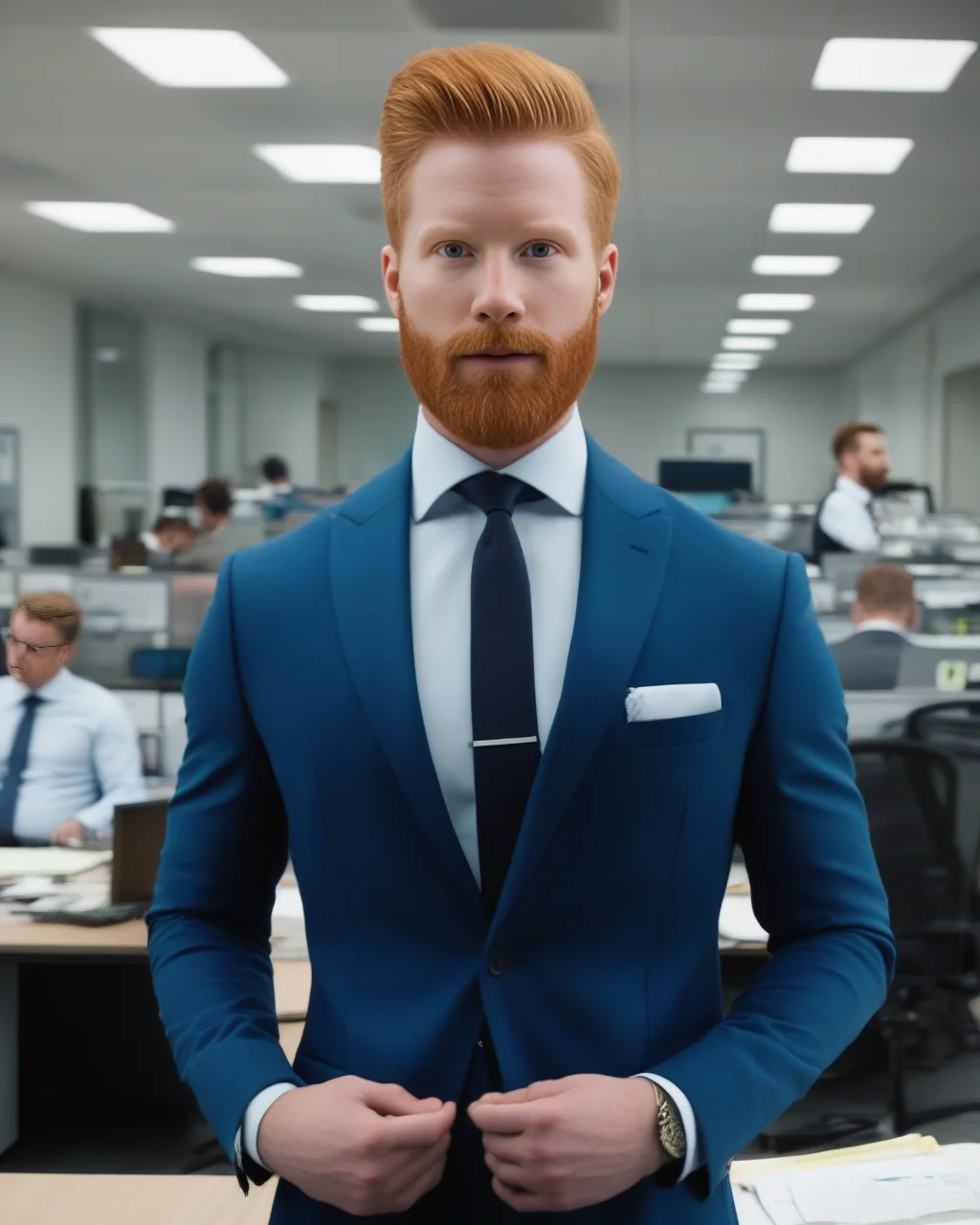 front view shot, portrait,
man, short hair,
ginger hair, ginger eyebrows, forehead,
suit, beard,
standing in office
<lora:detailedeyebrows_v0_5:0.8>