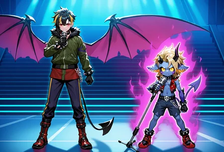 masterpiece,best quality,amazing quality,demonium\(crush devil\),(demon wings:0.5),(wings:0.5),bracelet,spiked bracelet,spikes BREAK ryoga jasei,2boys,multiple boys,male focus,collar,jacket,jewelry,holding,glowing,shorts,microphone,microphone stand,holding microphone,boots,aura,red footwear,<lora:Ryoga_Jasei>,
