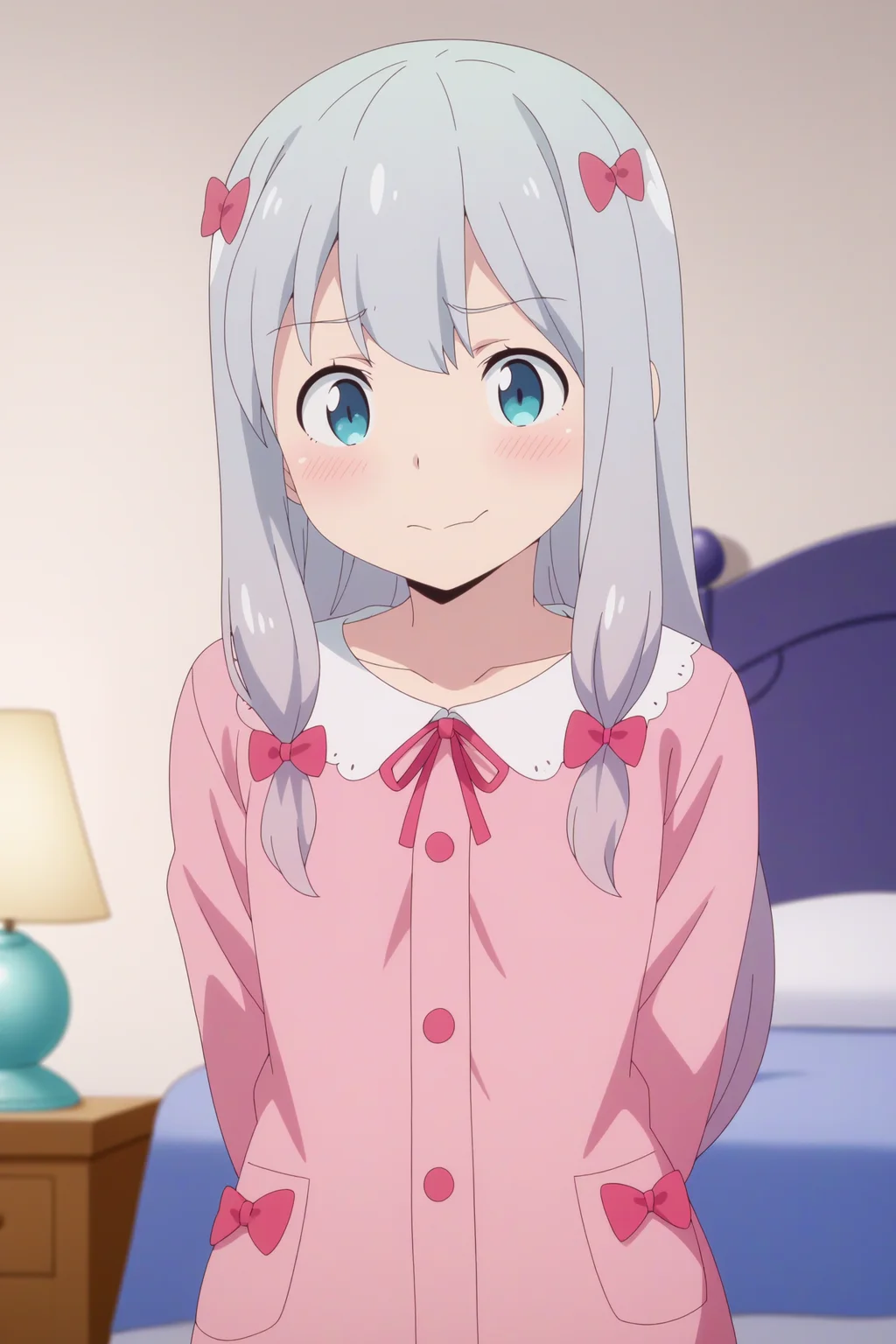 1girl,solo,izumi sagiri,long hair,grey hair,bow,blush,hair bow,pajamas,hands behind the back,indoors,bedroom,pink wall 