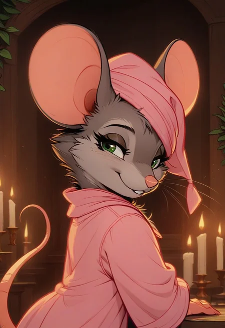score_9, score_8_up, score_7_up, score_6_up, 
[][][][][]
cel-shading, in the style of Beatrix Potter,
[][][][][]
(((mouse))), furry, (feral:1.2), female, solo, (fluffy:0.5), (fluffy cheeks:0.3), (cute:1.2),
[][][][][]
(pink nightgown, nightcap), grey fur, green eyes, 
[][][][][]
indoors, romantic, candlelight, backlit, sitting, (side view:1.5), (look back, smile), (tired expression)
[][][][][]
(close up, upper body shot:1.5),