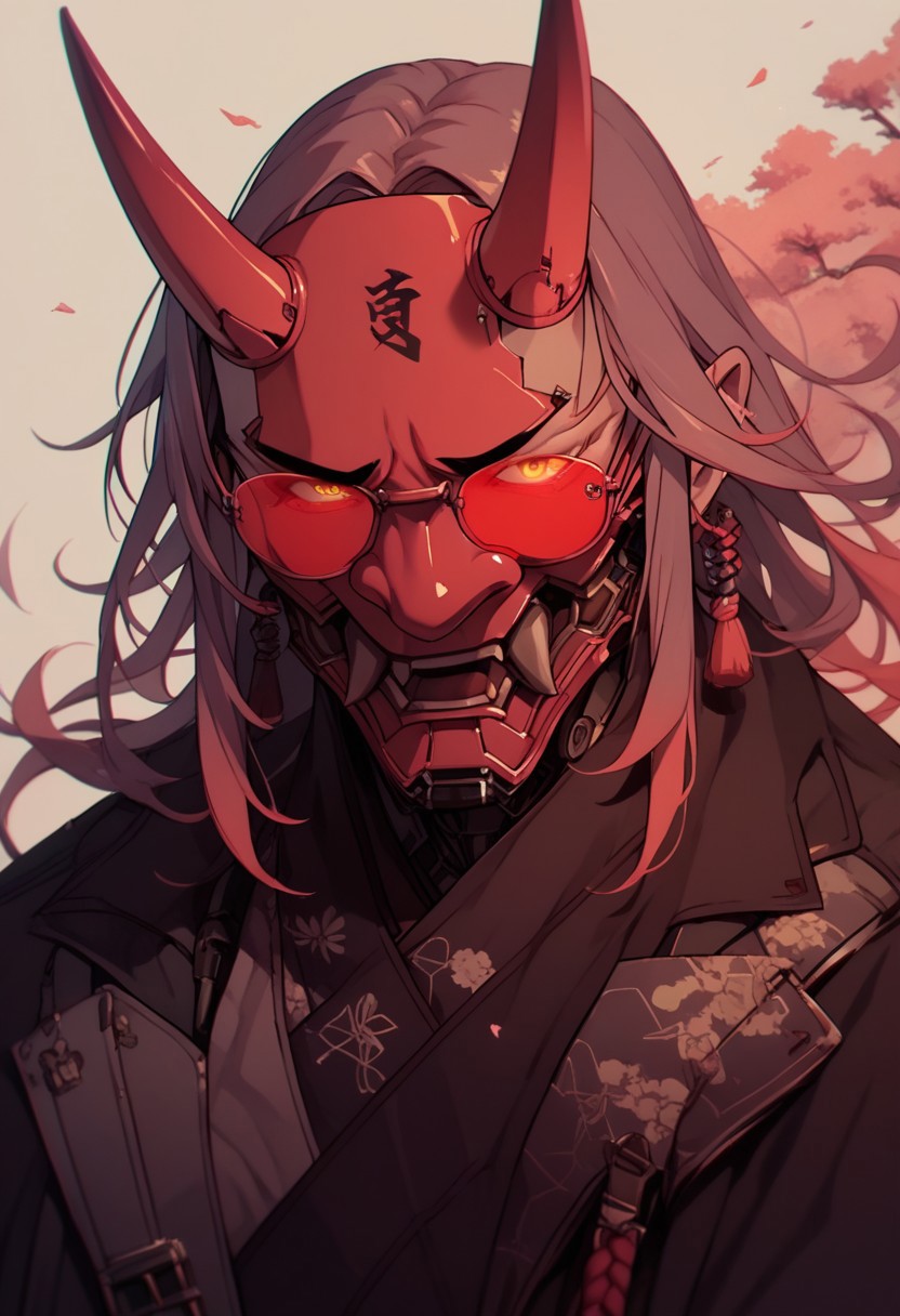 score_9, score_8_up, score_7_up, score_6_up, score_5_up, score_4_up, 
Sinozick, 1boy, red aesthetic, oni horns, mask, tinted glasses