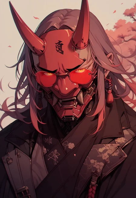 score_9, score_8_up, score_7_up, score_6_up, score_5_up, score_4_up,
Sinozick, 1boy, red aesthetic, oni horns, mask, tinted glasses