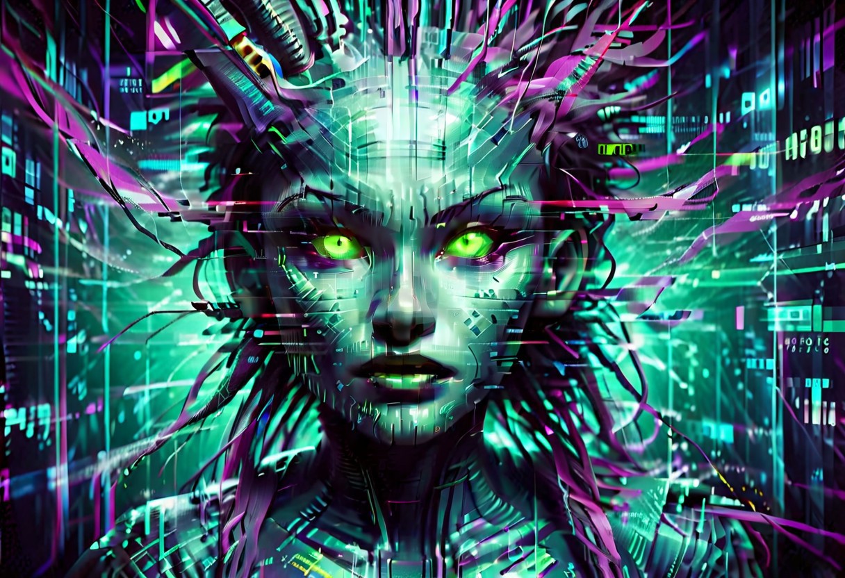 Glitch flickering, distorted glitchy image, digital, glitch style, humanoid figure, focus on face, disembodied head, evil, slit pupils, shodan, glowing yellow-green eyes, background is a mixture of purple and cyan, nebulas formed out of digital code and numbers, star systems formed from numbers, digital data and wires running in the background