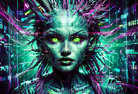 Glitch flickering, distorted glitchy image, digital, glitch style, humanoid figure, focus on face, disembodied head, evil, slit pupils, shodan, glowing yellow-green eyes, background is a mixture of purple and cyan, nebulas formed out of digital code and numbers, star systems formed from numbers, digital data and wires running in the background