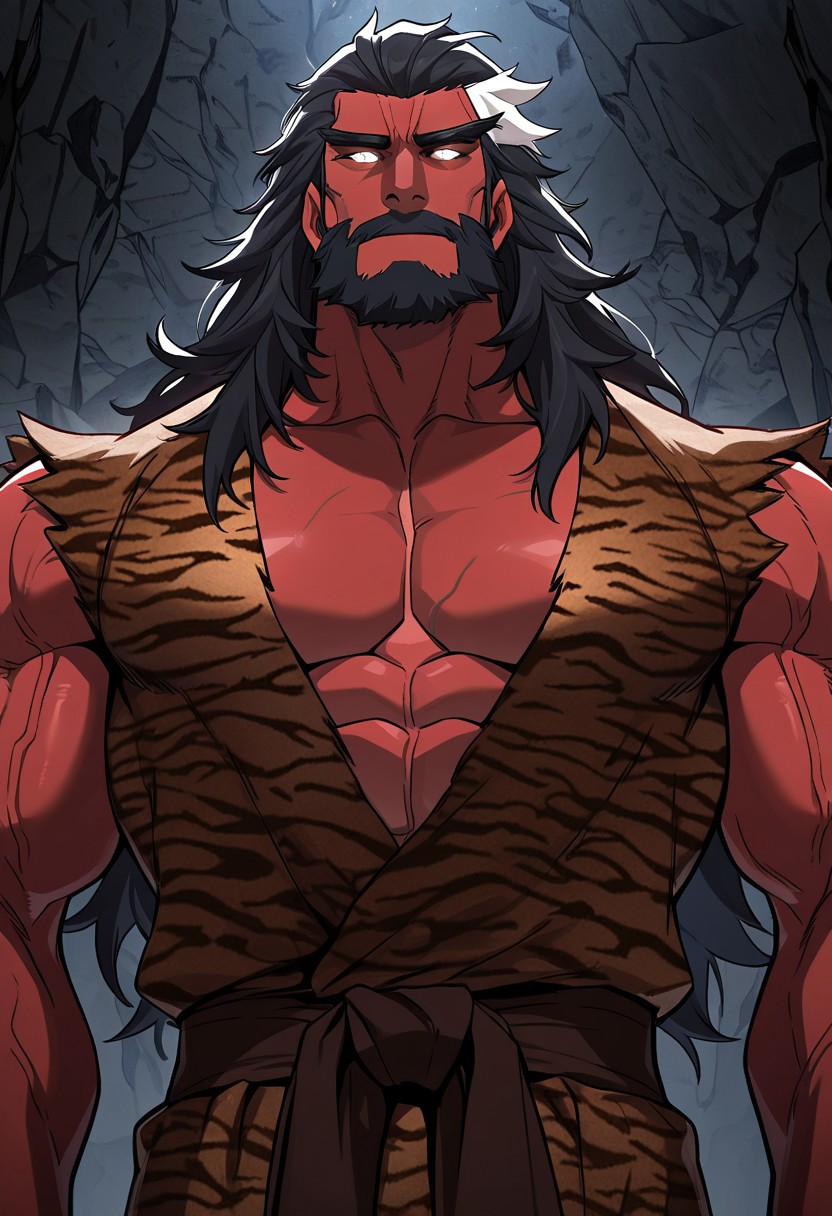 masterpiece, beautiful, sharp focus, crisp details, masterclass animation, source_anime, masterpiece,best quality,amazing quality, Perfect facial details, acorea, 1 boy, bara,solo, HaeAckCheon, Glowing eyes, Red skin, male focus,muscular,