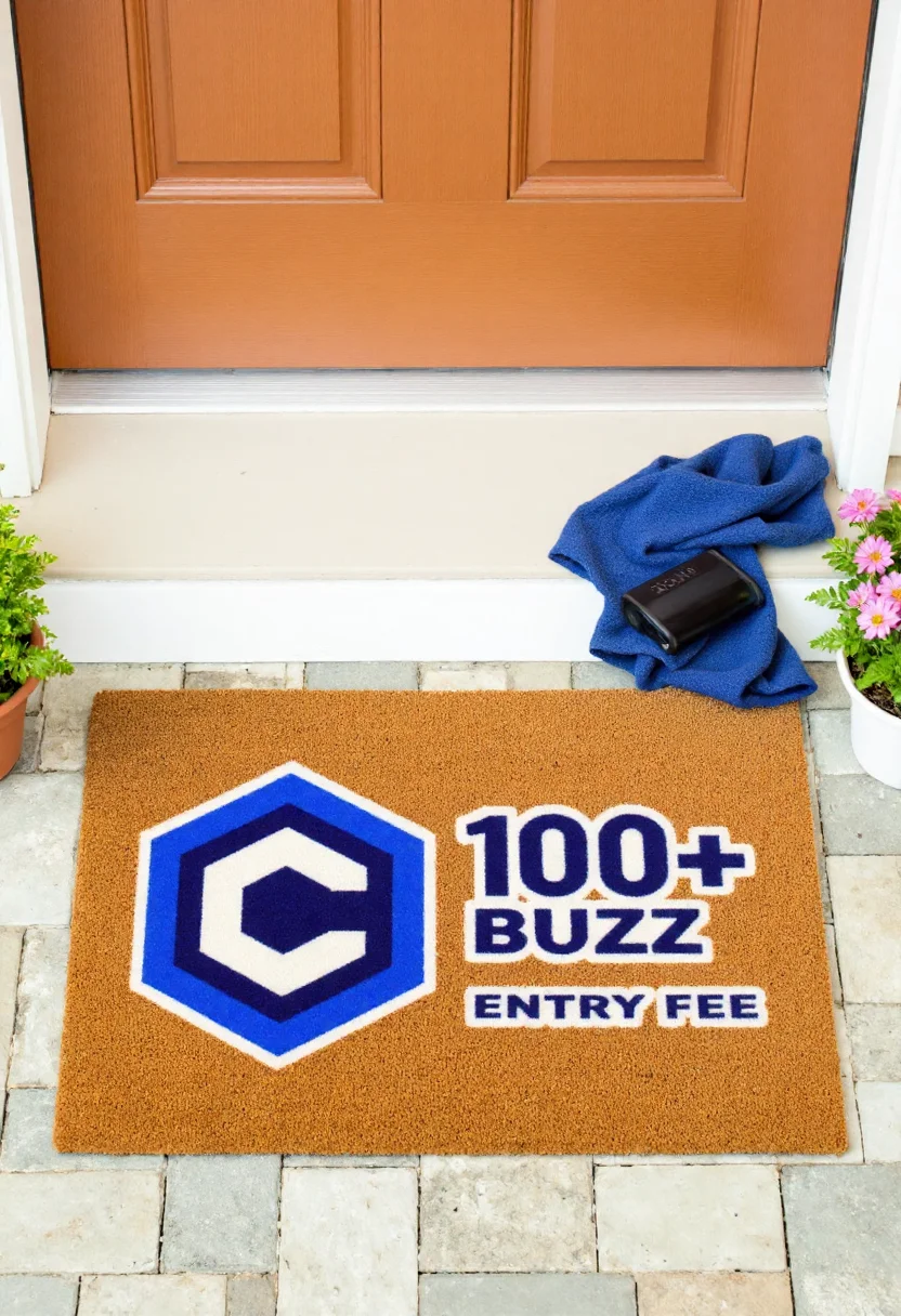 <lora:Welcome_Mat_Manufacturer_FLUX-000023:0.9> <lora:civitaiLogoFlux:0.9>
The image is a photograph of a small outdoor entrance area, featuring a doormat with a humorous design. The doormat is rectangular and made of a textured, brown, coir material. It has a vibrant, whimsical design with the civitaiLogo and text "100 Buzz Entry Fee"