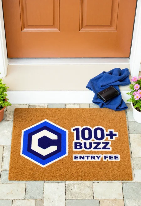 <lora:Welcome_Mat_Manufacturer_FLUX-000023:0.9> <lora:civitaiLogoFlux:0.9>
The image is a photograph of a small outdoor entrance area, featuring a doormat with a humorous design. The doormat is rectangular and made of a textured, brown, coir material. It has a vibrant, whimsical design with the civitaiLogo and text "100 Buzz Entry Fee"
