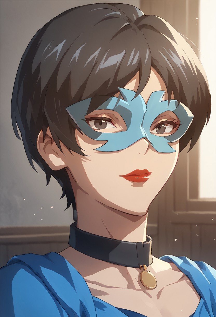 score_9, score_8_up, score_7_up,at room, indoor, moonlight,black eyes,night view, richlady, female, mask, black hair, red lips, collar , blue clothing
