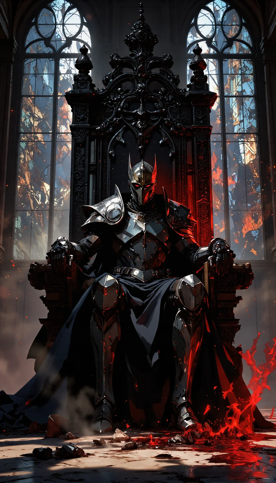 A towering dark king, clad in intricate black and silver armor, sits upon a massive throne carved from obsidian and bone. His glowing red eyes pierce through the dimly lit, cathedral-like chamber, where enormous gothic stained glass windows depict ancient battles. Mist swirls at his feet as crimson embers drift through the air, casting eerie light onto the cracked marble floor. The entire scene feels regal yet ominous, with a color palette of deep blacks, glowing reds, and shimmering silver. Cinematic fantasy illustration, dark fantasy, high detail, gothic atmosphere, moody lighting, epic scale, intricate armor design