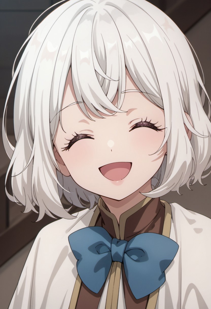 score_9, score_8_up, score_7_up, source_anime, leeche lynn, white hair,  short hair, 1girl, solo, closed eyes, smile, bow, open mouth, blue bow, facing viewer, :d, bowtie, ^ ^, bangs, blue bowtie