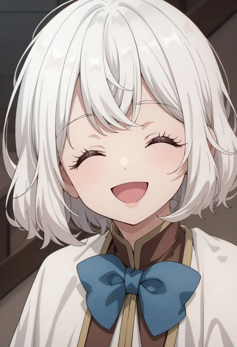 score_9, score_8_up, score_7_up, source_anime, leeche lynn, white hair, short hair, 1girl, solo, closed eyes, smile, bow, open mouth, blue bow, facing viewer, :d, bowtie, ^ ^, bangs, blue bowtie