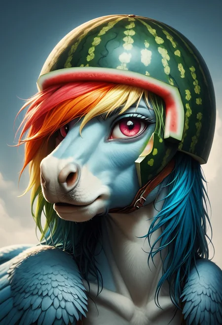 melonhelm, 1girl, Rainbow Dash pony wearing watermelon helmet, portrait, grinning