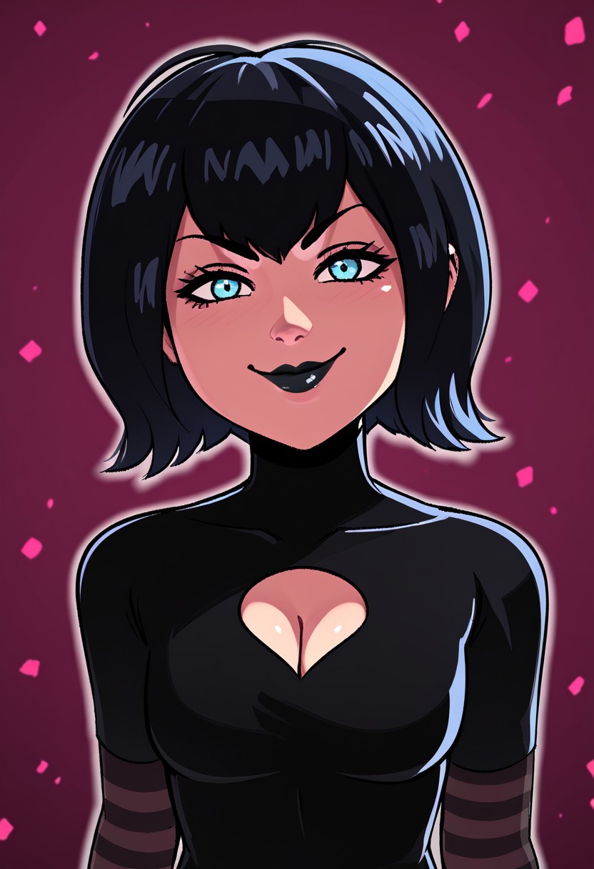 score_9, score_8_up, score_7_up, score_6_up, score_5_up, score_4_up, source_cartoon, <lora:confetti-extract- ponyxl:0.85>, detailed eyes, easynegative, rating_explicit, Expressiveh, 1girl, solo,ceo,  
MAVISDRACULA, 1girl, solo, black hair, short hair, blue eyes, lipstick, black lipstick black lips, black dress, striped pantyhose, pantyhose, warm smile, closed mouth, pale skin, cleavage, close up