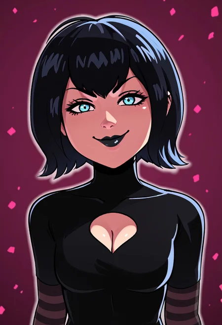 score_9, score_8_up, score_7_up, score_6_up, score_5_up, score_4_up, source_cartoon, <lora:confetti-extract- ponyxl:0.85>, detailed eyes, easynegative, rating_explicit, Expressiveh, 1girl, solo,ceo,  
MAVISDRACULA, 1girl, solo, black hair, short hair, blue eyes, lipstick, black lipstick black lips, black dress, striped pantyhose, pantyhose, warm smile, closed mouth, pale skin, cleavage, close up