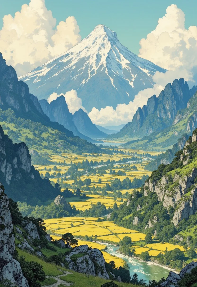 ((Layered japanese woodblock printing)), view from high atop the mountains in a valley with rice paddies reflecting the sky and clouds, a river runs through the valley, ray tracing, realistic, depth of field, subsurface scattering,