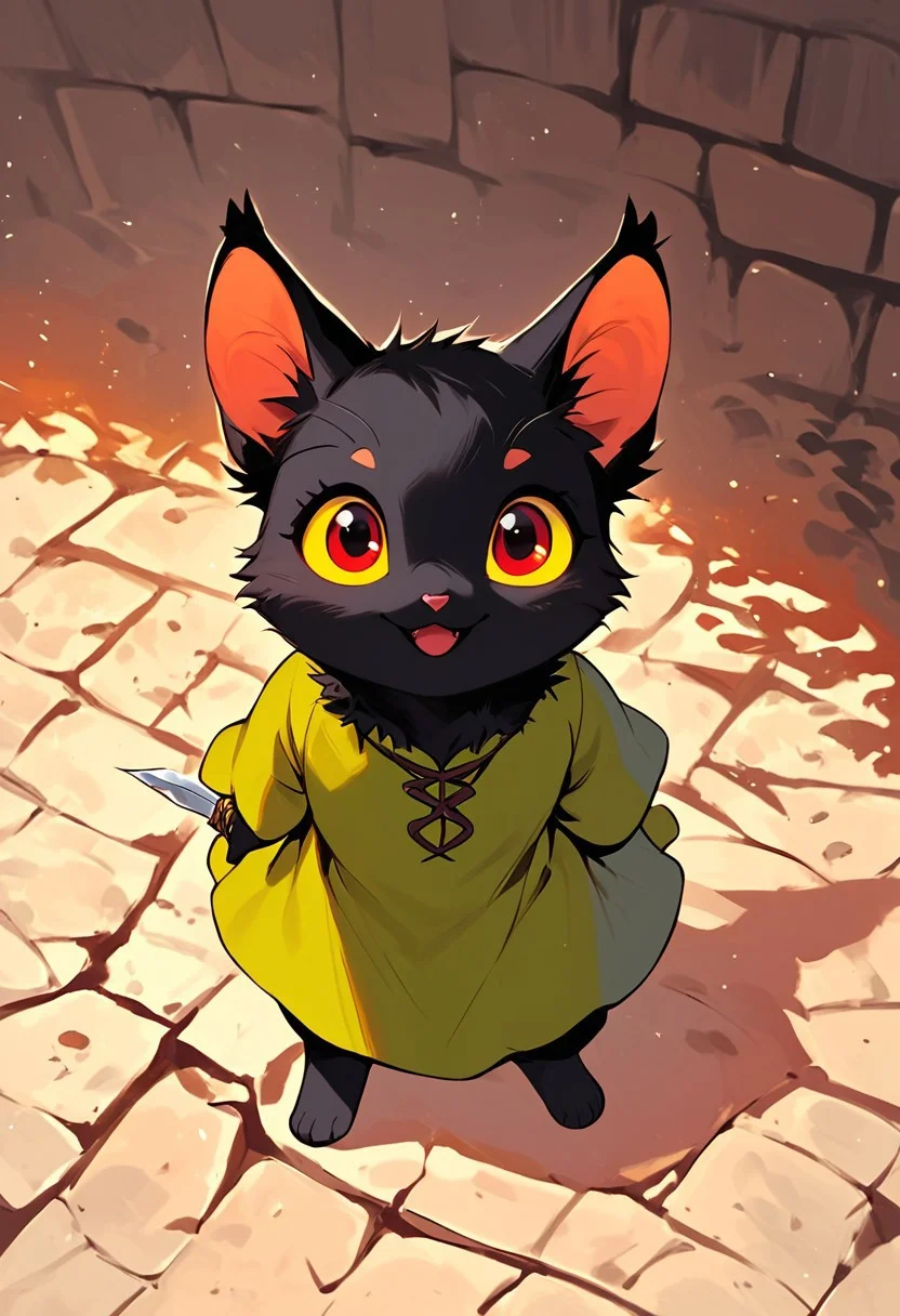 score_9, score_8_up, score_7_up, score_6_up, score_5_up, score_4_up, m0use_maximilla, in the style of Beatrix Potter, (cute:2), (feral:0.5), (black fur), red eyes, (yellow sclera), (dark tunic), dungeon, high angle view, ((holding long dagger)), full body shot, (dynamic pose), (action pose:0.8),