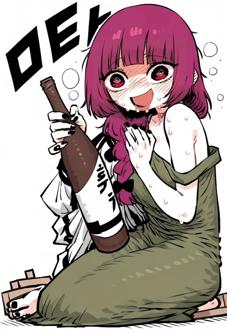 <lora:SSAMBAteaXL_il_lokr_V53P1:0.95> 1girl, solo, geta, green dress, drunk, dress, braid, blush, alcohol, sitting, white background, bottle, bangs, hair over shoulder, @_@, long hair, simple background, open mouth, holding, blunt bangs, purple hair, korean text, black nails, bow, cup, hair bow, sake, two-tone jacket, drooling, sweat, jacket, single braid, multicolored jacket, looking at viewer, strap slip, black bow, nose blush, white jacket, smile