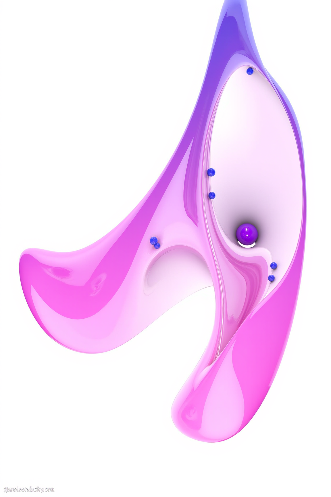 A 3D Rendered abstract of, sharp photo of an abstract digital art piece that appears to be made up of multiple layers of different shades of pink and purple. The top layer is a light pink color, while the bottom layer is darker pink. The layers are arranged in a way that creates a sense of depth and dimension.
The top layer has a curved shape that extends from the top left corner to the bottom right corner. The bottom layer has an elongated shape that is slightly larger than the top right corner and is slightly smaller than the bottom left corner. There are also a few small blue dots scattered throughout the image, adding a pop of color to the otherwise monochromatic image. The background is white, which contrasts with the vibrant colors of the shapes. The overall effect is a futuristic and abstract composition.