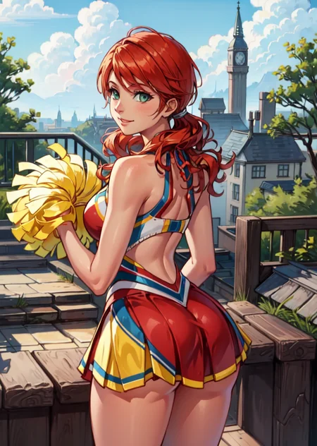 masterpiece, best quality, vanille, cheerleader outfit, cowboy shot, stairs, from behind, smile, looking back, from above <lora:vanille-nvwls-v1-000012:0.9>