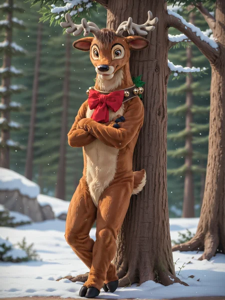 cinematic film still <lora:J_cartoon:0.4> j_cartoon, <lora:DsnyReindeer:0.8>, DsnyRndr, source_furry, ((anthro)), solo, fluffy, detailed fur, male, reindeer, anthro, brown fur, harness, brown eyes, red bow, bells, antlers, hooves, (((looking at viewer:1.3))), ((standing)), (((leaning back against tree))), (((arms crossed))), (((snowy forest))), detailed background, . shallow depth of field, vignette, highly detailed, high budget, bokeh, cinemascope, moody, epic, gorgeous, film grain, grainy
