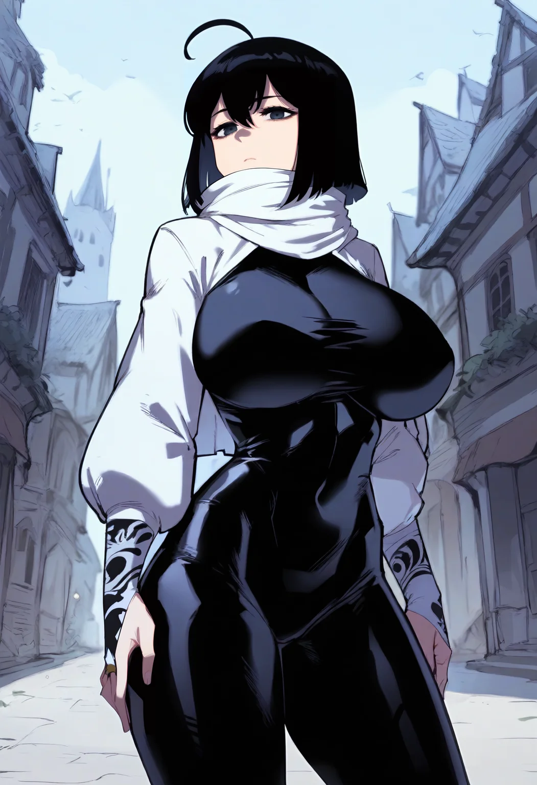 score_9, score_8_up, score_7_up, score_6_up, source_anime, rating_explicit, 1girl, solo, huge breasts, <lora:Yona Runcandel prefectPonyxl:0.9> ahoge, black hair, short hair, black eyes, grey eyes, blue eyes, white scarf, white jakcet, black bodysuit, skin tight, covered navel, long sleeves, bridal gauntlets, tattoo gauntlets, expressionless, village, outdoors, looking at viewer