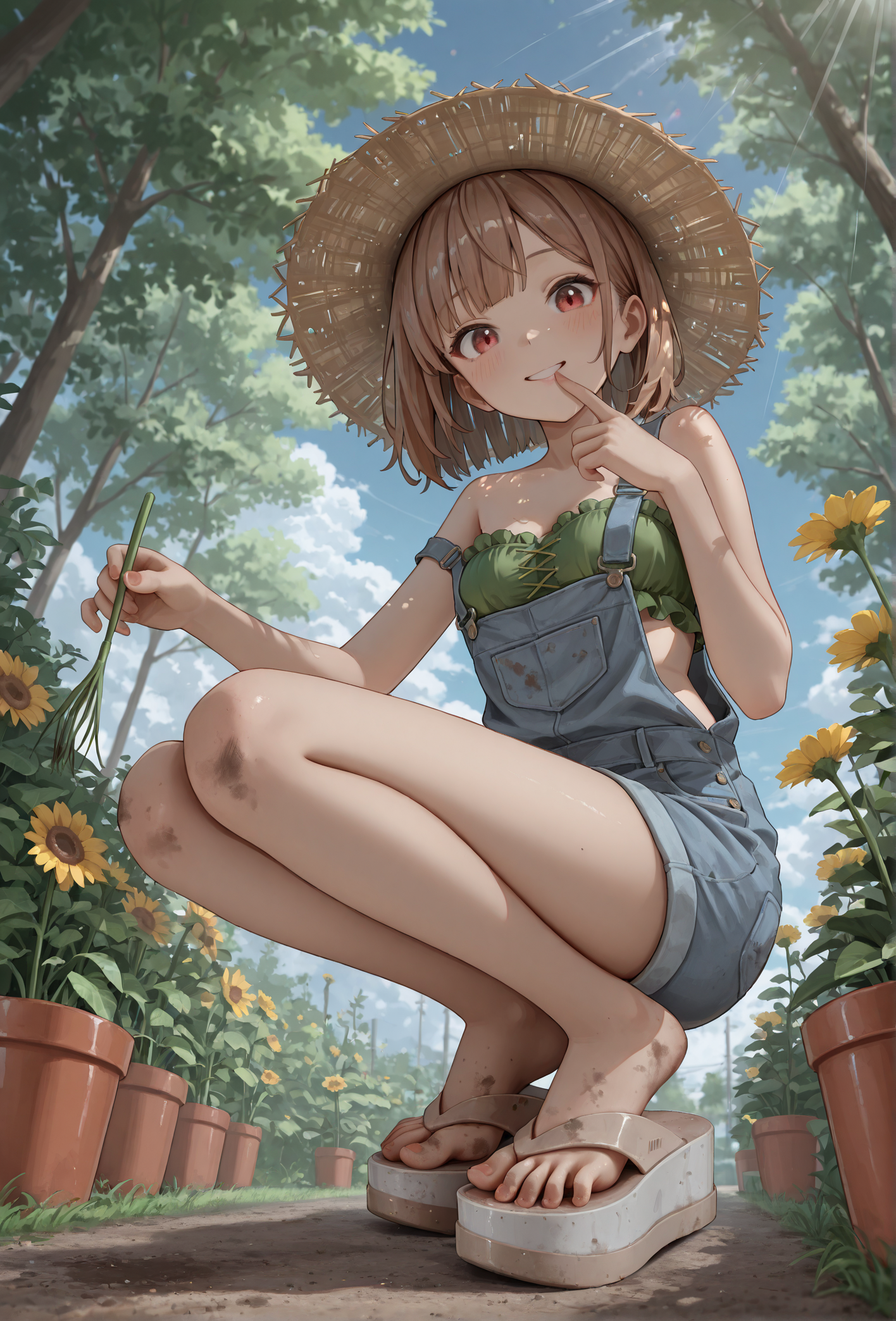 masterpiece, best quality, 
(mlsa flip flops), (platform footwear:1.2),
dirty shoes, dirty feet, (tiptoe:1.2), (spread toes:1.1),
finger on lips, curious, looking at viewer,
low angle, foot focus,
1girl, 
squatting,
straw hat, gardening, outdoors, dappled sunlight,
short denim overalls, strap slip, green frilled bandeau top,
medium breasts, 
happy, cute face,