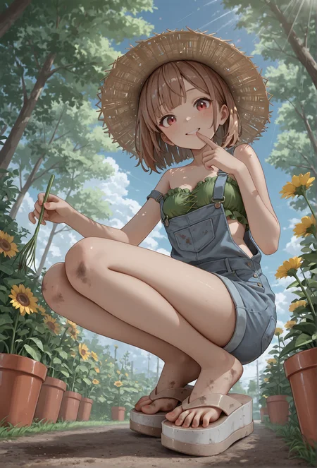 masterpiece, best quality,
(mlsa flip flops), (platform footwear:1.2),
dirty shoes, dirty feet, (tiptoe:1.2), (spread toes:1.1),
finger on lips, curious, looking at viewer,
low angle, foot focus,
1girl,
squatting,
straw hat, gardening, outdoors, dappled sunlight,
short denim overalls, strap slip, green frilled bandeau top,
medium breasts,
happy, cute face,