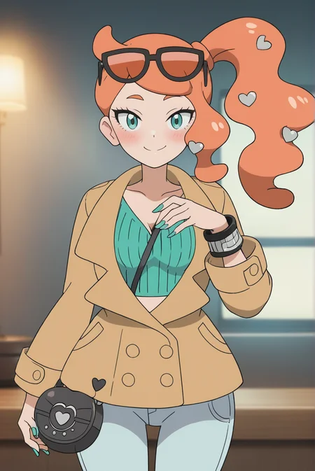 score_9, score_8_up, score_7_up, score_6_up, score_5_up, score_4_up, BREAK source_anime,
<lora:SoniaXL-v2-06:0.8>, ChopioSonia, long hair, orange hair, heart hair ornament, aqua eyes, eyelashes, looking at viewer,
green nails, side ponytail, eyewear on head, sunglasses,
medium breasts, wide hips,
outfit_1, brown coat, partially unbuttoned, buttons, long sleeves, green crop top, ribbed shirt, strap between breasts, black handbag, bracelet, light blue skinny jeans,
bedroom, standing, seductive smile, blush,
