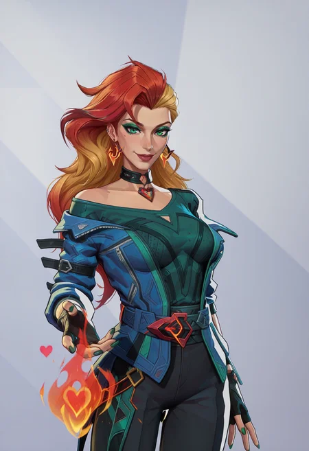 <lora:MarvelRivals:1> r1vals,
, 1girl, solo, long hair, looking at viewer, smile, blonde hair, gloves, jewelry, green eyes, jacket, multicolored hair, heart, earrings, red hair, black gloves, choker, pants, fingerless gloves, off shoulder, nail polish, lips, makeup, piercing, blue jacket, fire, eyeshadow, nose, green nails
