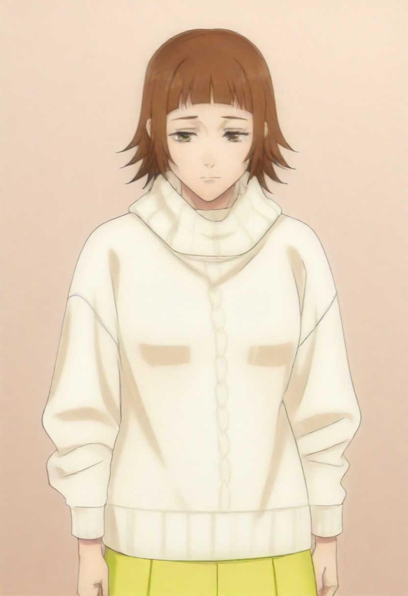 masterpiece, best quality, amazing quality,,, shiny skin,,,,,,,,yuozawa, brown_eyes, brown_hair, short_hair, blunt_bangs,, turtleneck, white_sweater, long_skirt, yellow_skirt,
